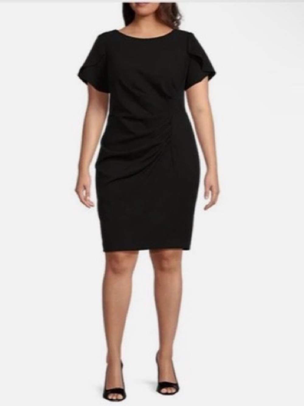 DKNY Black Short Sleeve Sheath Dress Size 20W Short Sleeves Ruched Crepe LBD